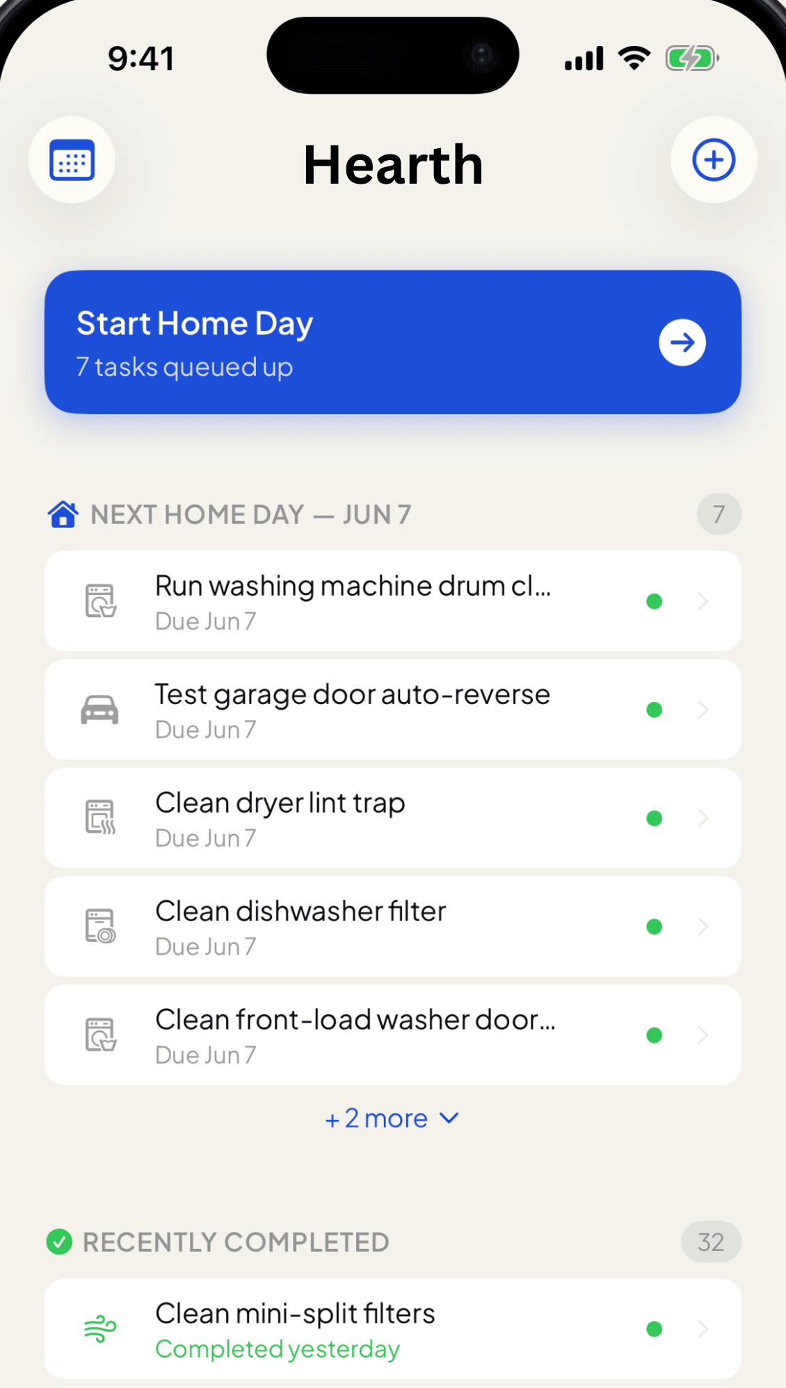 Hearth dashboard with today's home maintenance tasks