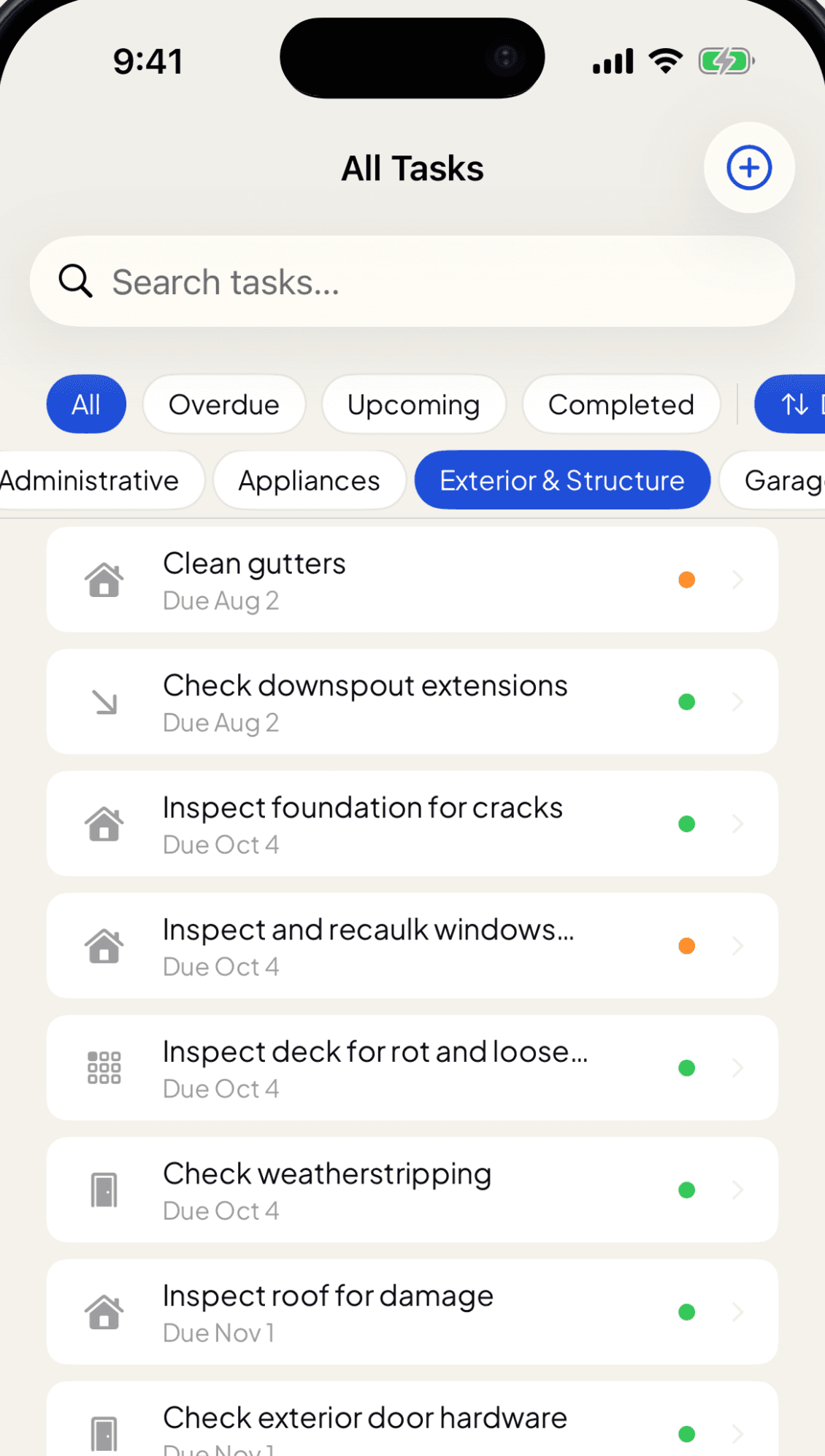 Hearth task library showing 100+ filterable maintenance tasks
